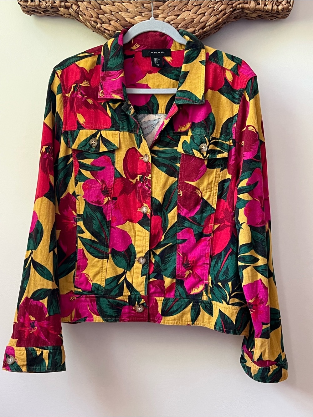 Tahari Linen Blend Tropical Floral Jacket Pink Yellow XL